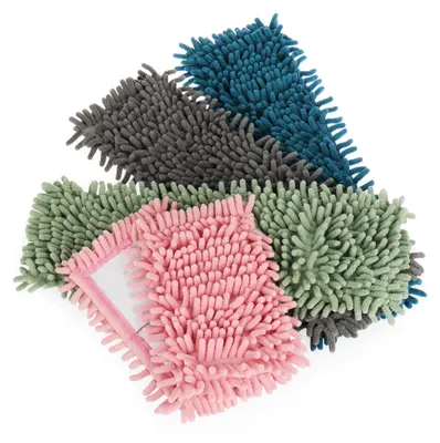 Four chenille microfiber mop heads in different colors (pink, green, gray, blue) are arranged in a pile on a white background.