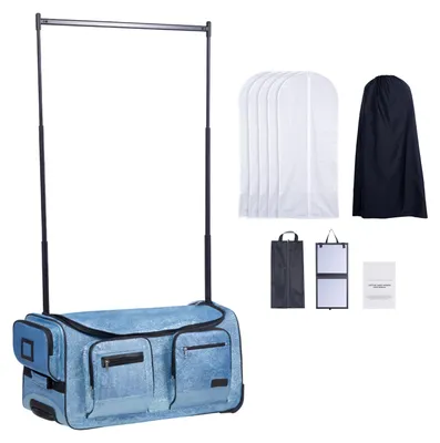 Produktbild von SucceBuy Tanztasche mit Kleiderständer, 730x430x380 mm Rollkoffer, mit Rollen, USB-Anschluss, verstellbarer Kleiderstange und Sichtschutzvorhang, perfekt für Reisen und Wettbewerbe, Blau