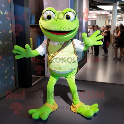 Produktbild von Limettengrüner REDBROKOLY Frosch Maskottchen Kostüm charakter bekleidet mit einem Hemd mit Knöpfen und Fußkettchen
