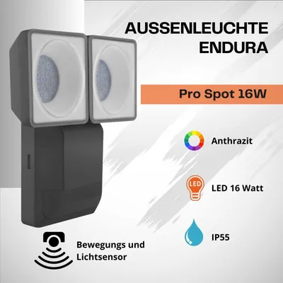 Zdjęcie produktu dla Zewnętrzna lampa ścienna LEDVANCE, ENDURA® PRO SPOT SENSOR / 16 W, 220...240 V, kąt świecenia: 50°, chłodna biel, 4000 K, materiał obudowy: poliwęglan (PC), IP55