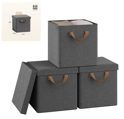 Produktbild von Kleiderorganizer - Faltbare Stoff-Aufbewahrungsboxen mit Deckel - 3er-Set - 26 l - Vliesstoff - Grau