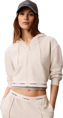 Productafbeelding van Calvin Klein dameshoodie met rits, terrystof, logo aan de taille, cropped model, beige (Variant)