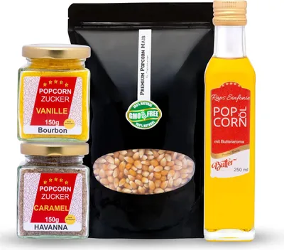 Produktbild von Hopser Funfood Popcorn-Set  500g Premium-Popcornmais, 250ml Butteraroma-Öl & je 150g Vanille- und Karamellzucker