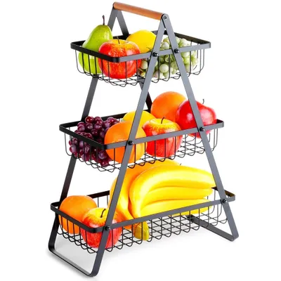 Produktbild von Dreistöckiger Korb für Obst und Gemüse, schwarze Metallplatte