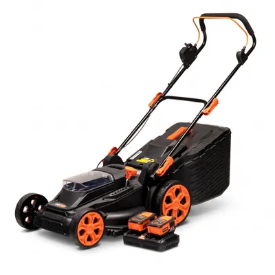 Produktbild von TOP CUT TC-LB-38-40V | Akku Rasenmäher Bürstenlos 38cm | 2x 4Ah Akku Doppel Ladegerät 45L Fangkorb | Leichter Elektro Rasenmäher für den Garten