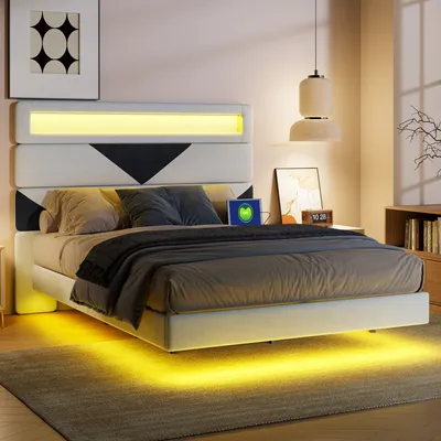 Image de Lit rembourré ProximaX, tête de lit triangulaire, planche en bois réglable, 2 ports de chargement USB, rampes d'éclairage à la tête & aux pieds, 160×200 cm, blanc + noir, velours, chargeur EU
