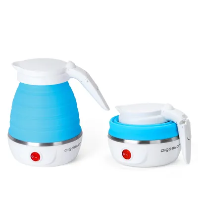 Two collapsible kettles, one expanded and one collapsed, are shown against a white background.