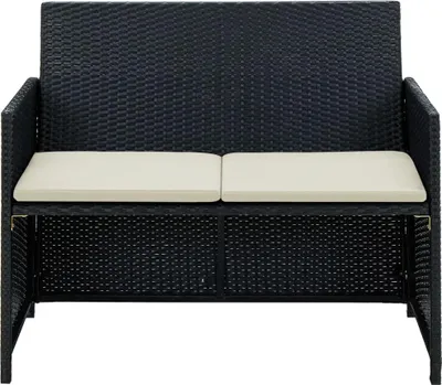 A black rattan two-seater garden sofa with beige cushions, shown from the front against a white background.