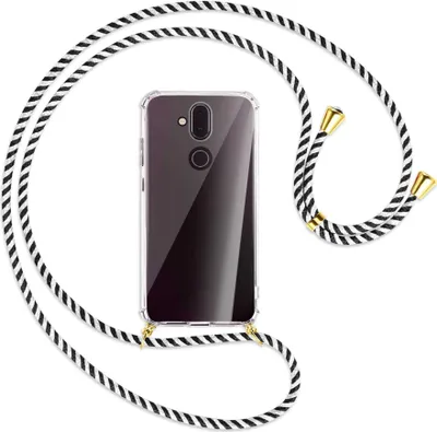 Produktbild von Handykette Backcover-Schutzhülle mit Band (Metall goldfarben) für Nokia 8.1 - schwarz/weiß gestreift