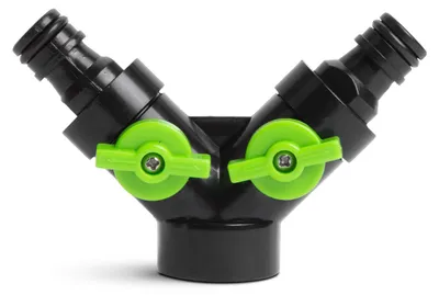Produktbild von Schlauchkupplungs-Y-Verteiler 3/4 Zoll (±19 mm) – 2-Wege-Wasserhahnverteiler mit Absperrventilen – Schnellanschluss – Kunststoff – Für Gartenschläuche und Bewässerung [11668]