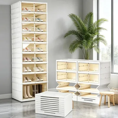 Image de Armoire à chaussures - 9 niveaux - Pour 18 paires de chaussures - Pliable - Empilable - Portes transparentes magnétiques - Blanche