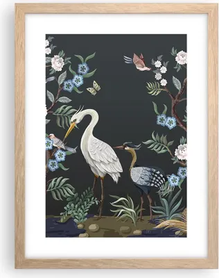 Produktbild von Gerahmtes Poster - Rahmen in heller Eiche - Asiatisch Reiher Blumen - 30x40 cm - Wand Bild - Wanddeko - Wandbilder - Kunstposter - Wandposter - Bilderrahmen - Bilder - Kunstdruck - P2NPA30x40-4699