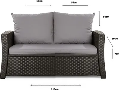 A front view of a two-seater outdoor sofa with gray cushions, showing dimensions.