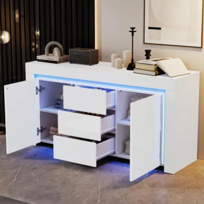 Produktbild von Kommode mit 3 Schubladen,2 Türen, Hochglanz Beistellschrank mit LED-Lichtleiste,Sideboard mit Stauraum,für Flure, Wohnzimmer 140*40*65cm