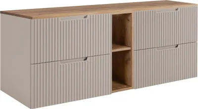 Zdjęcie produktu dla RODAN | Szafka Pod Umywalkę - Beżowa i Brązowa - 140 cm - 4 Szuflady Softclose - Ryflowane Fronty - Wisząca Szafka Łazienkowa