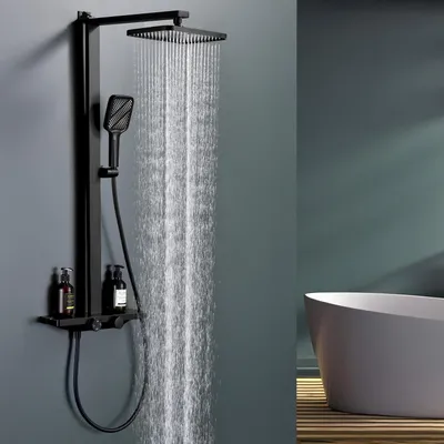 Zdjęcie produktu dla System prysznicowy z termostatem i półką szklaną, kolor czarny