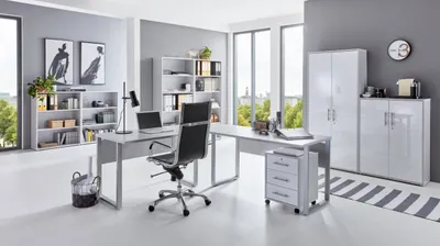 Produktbild von Büromöbel-Set TABOR PRO 6 in lichtgrau / weiß Hochglanz, Arbeitszimmer Komplett-Set