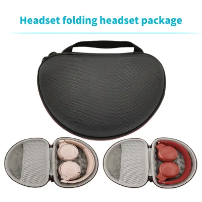 A black headset storage bag is shown open, revealing two pairs of headphones inside, one pink and one red. The bag is a hard-shell case with a zipper closure and a carrying handle.