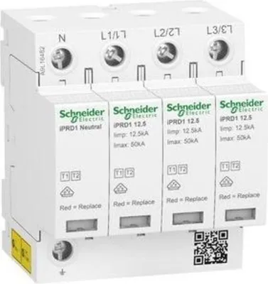 Produktbild von Schneider Electric Kombinovaný zvodič typu 1+2, Acti9 iPRD1 12,5r, 3P+N, 400V AC, Imax 50kA, kapacita diaľkovej signalizácie. A9L16482