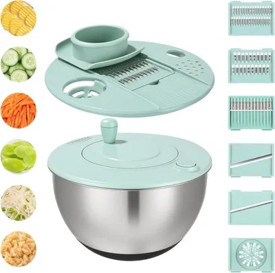 Produktbild von Großvolumiger, multifunktionaler Edelstahl-Gemüseschneider und -Schleuder – ideal zum Schneiden von Salat, Obst & Gemüse sowie zum Waschen und Trockne