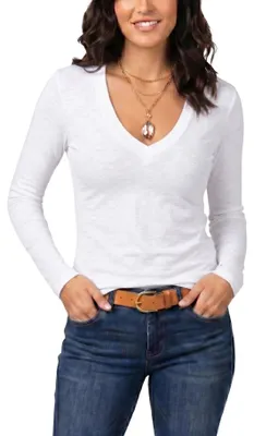 Produktbild von Damen Basic Langarmshirt mit V-Ausschnitt Bequem Weiß XL