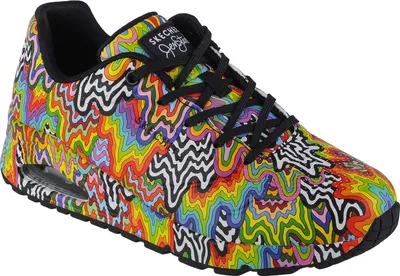A single shoe with a colorful, psychedelic pattern.