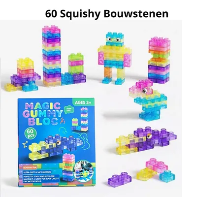 Productafbeelding van Gummy Blox 60 Stuks – Zachte en Rekbare Squishy Jelly Bouwstenen voor Kinderen vanaf 3 Jaar, Sensorisch Speelgoed, Creatieve Bouwblokken