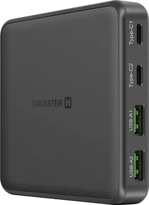 Obrázek produktu pro Swissten mini desktop adaptér gan 2x usb-c + 2xusb 65w power delivery černý