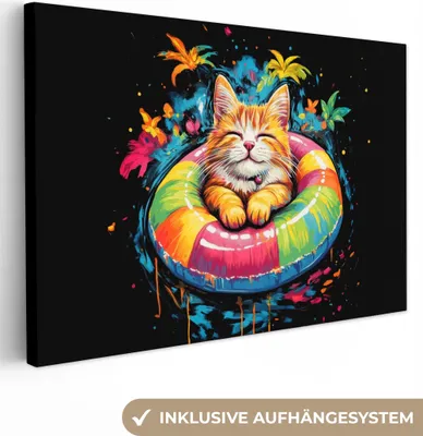 Produktbild von MuchoWow® - Leinwandbilder - Graffiti - Sommer - Katze - Tier, Wandbild, Wanddeko Bilder Wohnzimmer, 30x20 cm