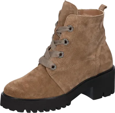 A single brown suede boot with black laces and a black platform sole is shown against a white background.
