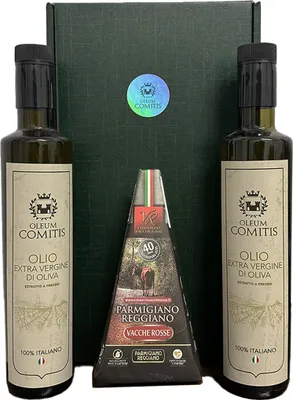 Produktbild von Oleum Comitis - Natives Olivenöl Extra 100% Italienisch - Geschenkbox mit 2 x 500 ml Flaschen und Parmigiano Reggiano DOP Vacche Rosse 40 Monate