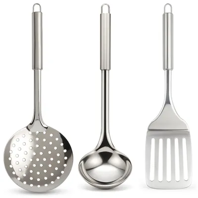 Produktbild von Edelstahl Kochset 3-teilig – Küchenutensilien Set aus rostfreien Stahl 304 (18/8) - Schöpflöffel, Schaumlöffel, Pfannenwender zum Aufhängen