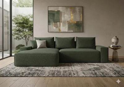 Image de Canapé d’angle CALIFORNIA gauche vert foncé bouclé Quelle 37 - fonction couchage, coffre de rangement pour la literie