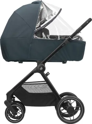 A side view of a dark blue baby stroller with a clear rain cover.