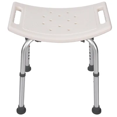 A white shower stool with adjustable legs and handles, shown from the front.