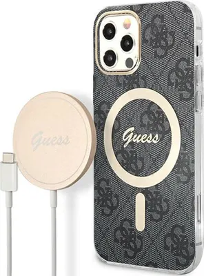 Produktbild von Guess Gubpp12Mh4Eacsk Hülle + Ladegerät Set Iphone 12/12 Pro Schwarz/Schwarze Hartschale 4G Print Magsafe