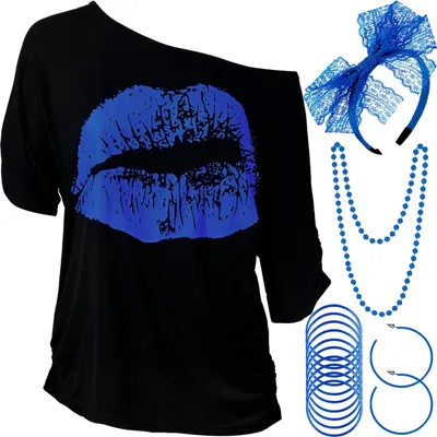 Image de TRANKIELO® - Ensemble d'accessoires de costume pour femmes, style années 1980 - Comprend : t-shirt à motif de lèvres, bandeau, boucles d'oreilles et colliers, couleur bleu roi, taille XXL