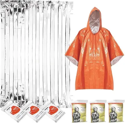 Productafbeelding van Noodpakket Poncho en Dekens - Survival Kit - Buitenactiviteiten Veiligheid - Waterdicht Winddicht - 4 Stuks - Oranje Zilver