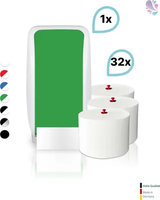 Produktbild von SET: 1x Toilettenpapierspender Doppelrollen Blanc Cosmos verschied. Farben + 32 Toilettenpapierrollen Long Life 3L - PRODUKTSET : Farbe - Grün / Weiß Farbe: Grün / Weiß