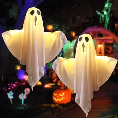 Produktbild von 2 Stück Halloween Deko Horror Geist, Halloween Lichterketten Dekor, Gruselig im Dunkeln leuchtend, Halloween Windsack Fahne hängender Geist