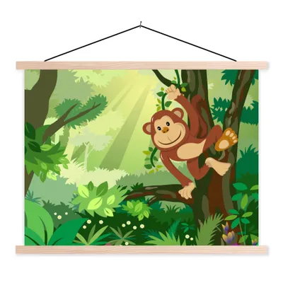 Produktbild von MuchoWow® Textilposter Affe - Dschungel - Jungen - Mädchen - Blumen - Kinder 120x90 cm mit holzfarbenen Rahmen - Magnetisch