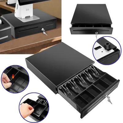 Immagine prodotto di Cassetto cassa - Cassetto estraibile per denaro - 5 scomparti per banconote e 5 scomparti per monete - Scomparti removibili - Serratura elettronica RJ11 e serratura a chiave - Metallo - 405 x 420 x 100 mm