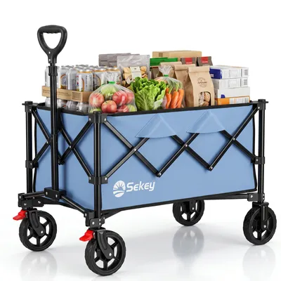 Produktbild von Sekey Bollerwagen faltbar 150 kg mit Bremsen, klappbarer Handwagen für Garten und Ausflug, Blau