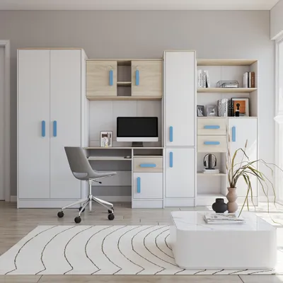 Produktbild von Jugendzimmer Wohnwand Kinderzimmer 300 cm Weiß/Sonoma mit blaue Griffe Markus