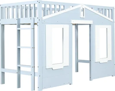 Produktbild von Merax Kinderhochbett Etagenbett 90x200 cm mit flexibler Treppenmontage, Hochbett mit Fensterdesign, Spiel- und Stauraum unten, stabile Leiter, Blau
