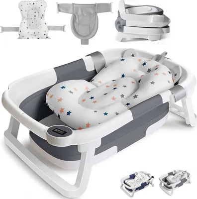 Image de (Bleu)Baby Baignoire pour bébé Baignoire pliable Enfants Antidérapante Avec Tapis de bain Filet de bain Décharge pour nouveau-né Bébé enfants