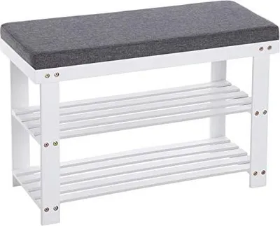 Image de Banc à chaussures rembourré avec étagères, cadre en bambou, capacité 150 kg