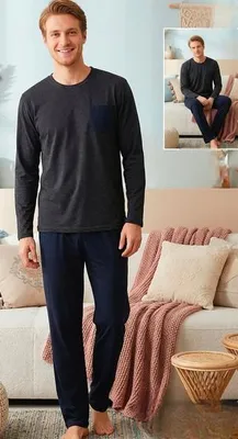 Produktbild von Herren Pyjama Schlafanzug Grau XXL Baumwolle Lang M-34