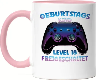 Produktbild von Geburtstagskind Level 18 Freigeschaltet Tasse Rosa Happy Birthday Geburtstag Alles Gute Controller Konsole Gamer