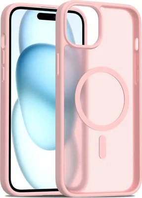 A pink iPhone case with a MagSafe ring is shown in a studio shot.